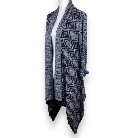 Umgee Sweater Womens Medium Navy Gray Print Waterfall Cardigan Open Front - Picture 6 of 13